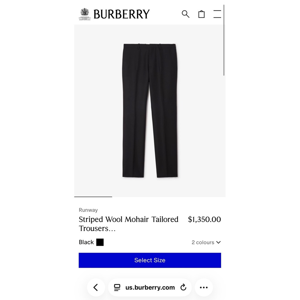 Burberry Mens Black Mohair Wool Trousers with Satin Stripe NWT Size 34 Waist